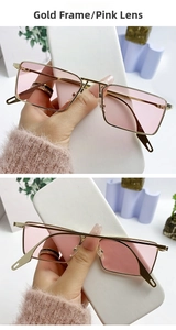 Detail view of gold metal rectangular sunglasses with pink lenses and drop-shaped temple tips
