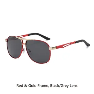 Classic aviator sunglasses with red gold metal frame and black grey polarized lenses
