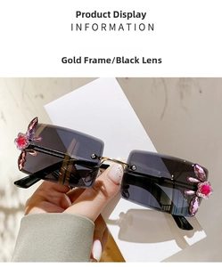 Detailed view of square rimless sunglasses with gold metal frame and purple crystal flowers