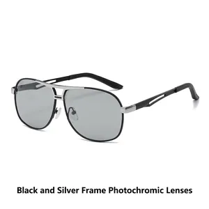 Classic aviator photochromic sunglasses with black silver double bridge frame and grey lens