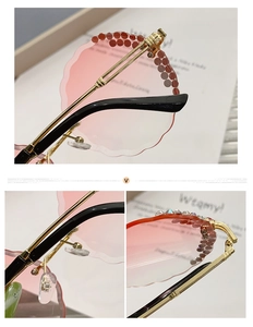 Detail of rimless round sunglasses with pink gradient lenses and floral rhinestone accents