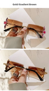 Detail of gradient brown square sunglasses with floral rhinestone and gold metal arms