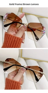 Détails de lunettes de soleil sans monture avec dégradé brun et strass étincelants