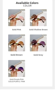 Detail of five rimless oversized sunglasses with wavy edges and crystal rhinestone accents