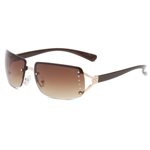 Luxury half-frame sunglasses with gradient brown lenses and sparkling side rhinestones