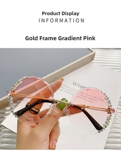 Detail of rimless pink gradient round sunglasses with crystal petal edges and gold frame