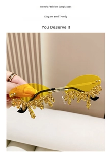Detail of yellow frameless sunglasses with gold liquid-drop tassel rhinestones