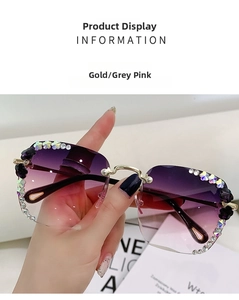 Details von randlosen Sonnenbrillen mit lila Blumen und Kristallen auf Gläsern