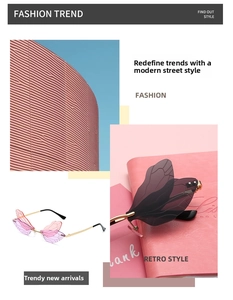 Close-up of rimless dragonfly wing sunglasses with pink purple gradient lenses and gold legs