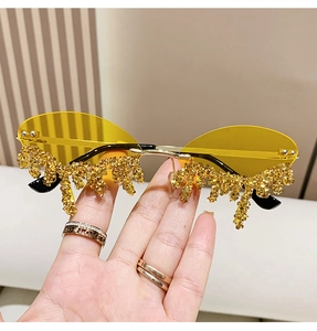 Detail of yellow frameless sunglasses with gold rhinestone droplet fringe decoration