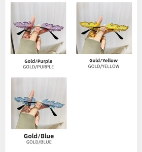 Detail der randlosen Sonnenbrille in Flammenform mit Glitzer in Violett, Gelb und Blau