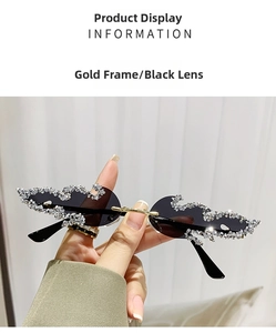 Nahaufnahme der randlosen Flammen-Sonnenbrille mit Strasssteinen auf Gold-Metallrahmen
