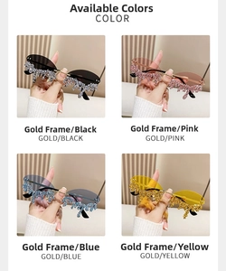 Frameless rhinestone sunglasses detail showing gray pink blue and yellow lens options