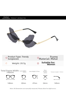 Detailed size chart for rimless dragonfly wing sunglasses with metal frame specifications