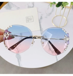 Detailed macro view of rhinestone flower embellishments on gradient rimless lens