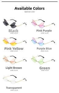 Flat lay of rimless dragonfly wing sunglasses in seven vibrant lens colors with gold frames