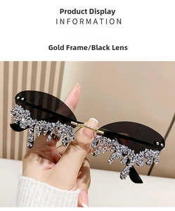 Detail of rimless sunglasses with teardrop crystal tassels and gold frames with black lenses