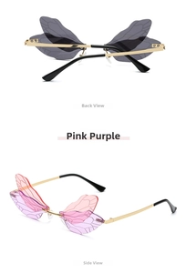 Detail of rimless dragonfly wing sunglasses with pink purple gradient and gold metal temples