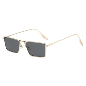 Minimalist square metal sunglasses with gold frame and dark rectangular lenses on white background