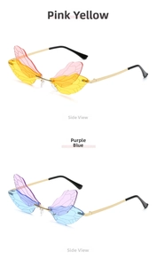 Detail showing frameless dragonfly wing sunglasses in pink-yellow and purple-blue gradients