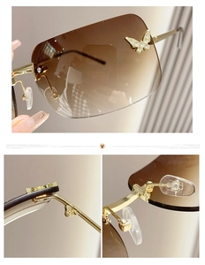 Detail view of gold butterfly diamond accents and gradient lenses on rimless sunglasses