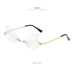 Side show of rimless dragonfly wing sunglasses with gold metal frame and clear lenses