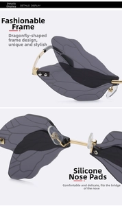 Detail of dragonfly wing rimless sunglasses with gold metal frame and clear nose pads