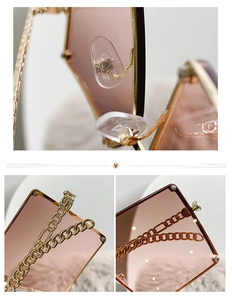 Detail of pink gradient lenses, gold metal chains, and clear silicone nose pads on sunglasses