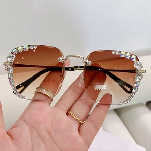 Damen Randlose Sonnenbrille Metallrahmen UV400 Verlaufsgläser Strass Blume Dekorativ Übergroße Elegante Brillen