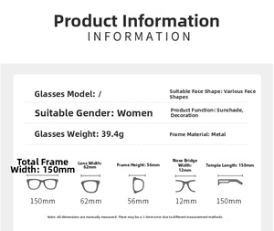Detailed sizing guide and technical specifications for oversized metal frame sunglasses