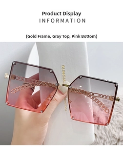 Detail of pentagonal gold metal sunglasses with chain edge and grey-pink gradient lenses
