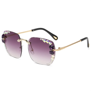 Mode randlose Oversize-Sonnenbrille mit lila Verlaufsgläsern und Blumen-Strass-Verzierung