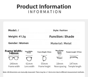 Tabella taglie dettagliata e specifiche tecniche per occhiali da sole in metallo oversize