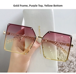 Detail of metal frame sunglasses with purple-yellow gradient lenses and a white case