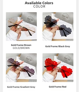Detailed four-grid view showing heart-shaped rimless sunglasses in multiple lens colors