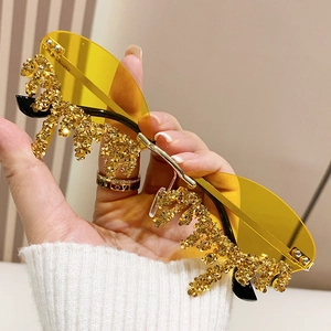 Rimless Teardrop Sunglasses UV400 Metal Frame Rhinestone Tassel Melting Effect Party Eyewear Unique Fashion Women
