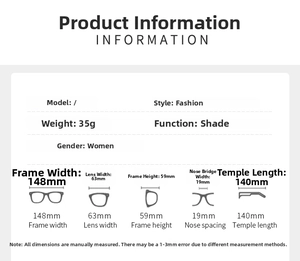 Detailed size specifications for women's rimless rimmed diamond-cut sunglasses