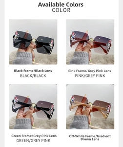 Detail of luxury rimless sunglasses with rhinestone edges in four elegant color variants