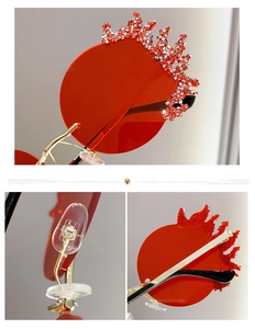 Détail macro de lunettes de soleil sans monture en forme de flamme rouge avec strass