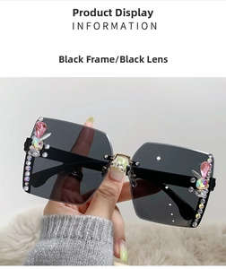 Close-up of frameless sunglasses featuring sparkling rhinestones and pink crystals