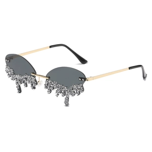Frameless rimless sunglasses with teardrop crystal tassels and sleek grey lenses