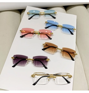 Detailed view of luxury rimless sunglasses with leopard metal hardware and diverse lens tints