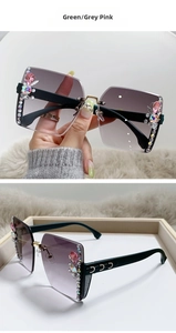 Detail of green rimless sunglasses featuring gradient lenses and rhinestone crystal accents
