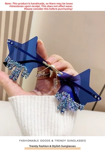 Detail of star-shaped rimless sunglasses with blue rhinestones and crystal fringes