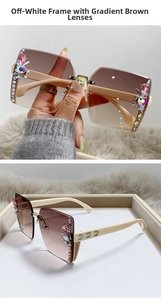 Detail of rimless gradient brown sunglasses featuring luxury rhinestones and pink gems
