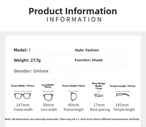 Detailed size chart for rimless snake sunglasses showing dimensions and product parameters