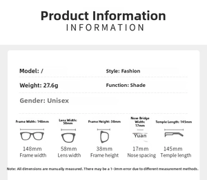 Detailed size chart for rimless snake-shaped sunglasses showing frame dimensions and weight
