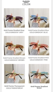 Collection of frameless square sunglasses with gold snake metal temples in various lens colors