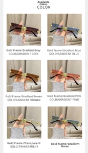 Detail of metal snake link arms on rimless rectangular sunglasses in six varied colors