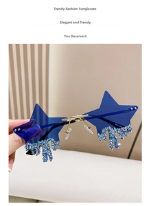 Detail of star-shaped rimless sunglasses with blue lenses and dangling rhinestone tears